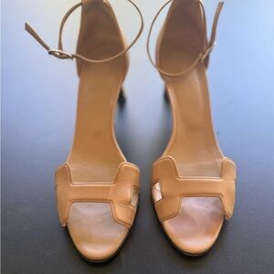 Hermes Tan Leather Open-Toe Ankle-Strap Heels